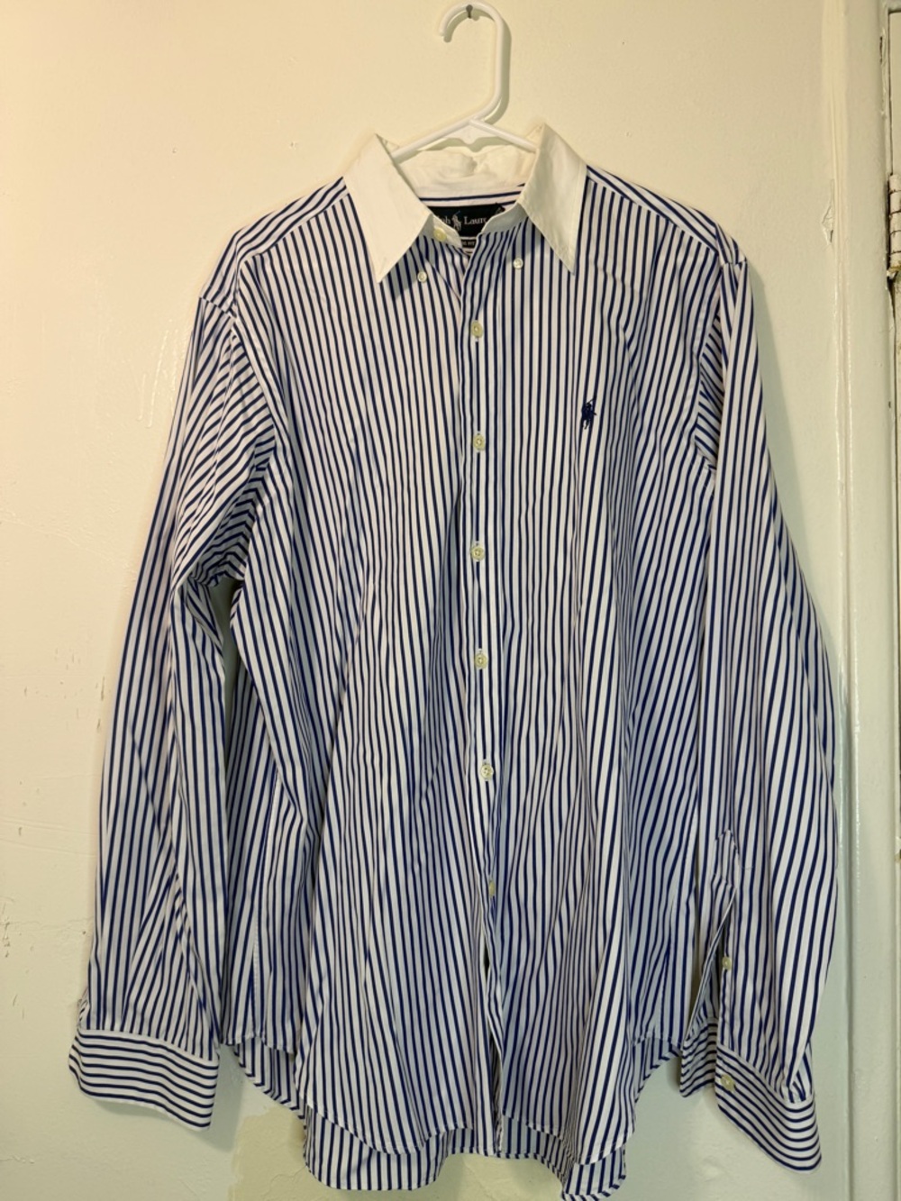 Ralph Lauren Classic Fit Blue White Striped Contrast Collar Shirt Size L